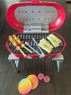 American Girl Red Toy Grill with Multicolor Plates and Accessories